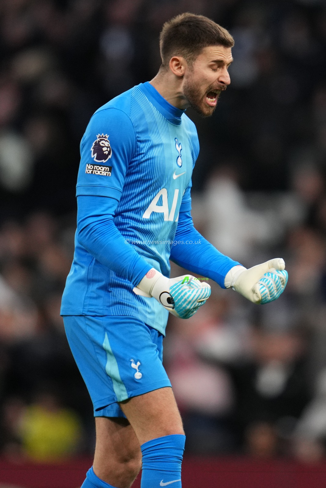 Guglielmo Vicario of Tottenham Hotspur celebrates goal during the Premier League match Tottenham Hotspur vs Brentford at Tottenham Hotspur Stadium, London, United Kingdom, 6th December 2025

(Photo by Harvey Murphy/News Images)

*** GER AUT SUI OUT ***