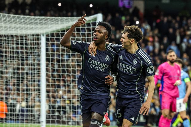 Vinicius Junior of Real Madrid celebrates his goal to make it 0-1 during the UEFA Champions League last 16 second leg match Manchester City vs Real Madrid at The City of Manchester Stadium, Manchester, United Kingdom on 17 March 2026

(Photo by Mark Cosgrove/News Images)