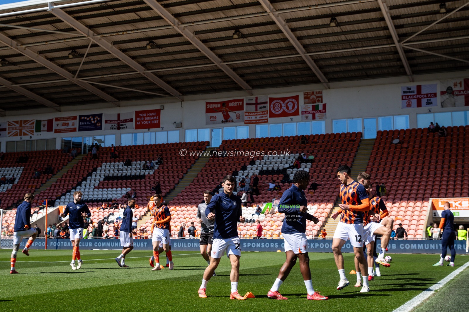 Blackpool players during the pre-game warm up ahead of the Sky Bet League 1 match Blackpool vs Bristol Rovers at Bloomfield Road, Blackpool, United Kingdom, 3rd May 2025

(Photo by Gareth Evans/News Images)