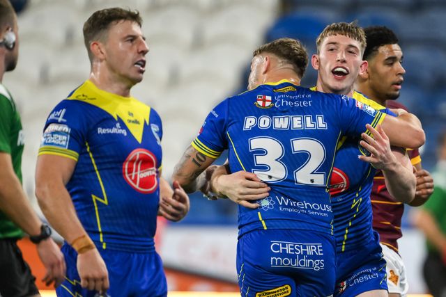 Matty Nicholson of Warrington Wolves celebrates his try during the Betfred Super League Round 26 match Huddersfield Giants vs Warrington Wolves at John Smith's Stadium, Huddersfield, United Kingdom, 14th September 2024

(Photo by Craig Thomas/News Images)