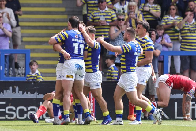 Lachlan Webster of Warrington Wolves celebrates his try during the Betfred Super League round 19 match Warrington Wolves vs Hull KR at The Halliwell Jones Stadium, Warrington, United Kingdom on 18 July 2026

(Photo by Mark Cosgrove/News Images)