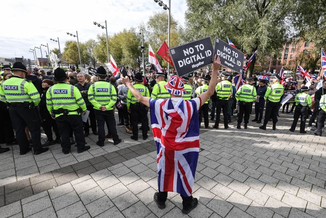 Protesters gather outside the ACC as Merseyside Police attend during the Labour Party Annual Conference 2025 at The ACC, Liverpool, United Kingdom, 28th September 2025

(Photo by Mark Cosgrove/News Images)