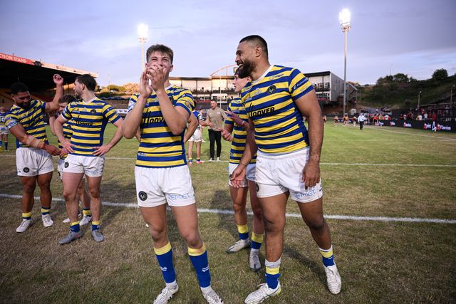 Toafofoa Sipley interacts with Ewan Irwin of Warrington Wolves following the Betfred Super League round 22 match Bradford Bulls vs Warrington Wolves at Odsal Stadium, Bradford, United Kingdom on 08 August 2026

(Photo by Ben Roberts/News Images)