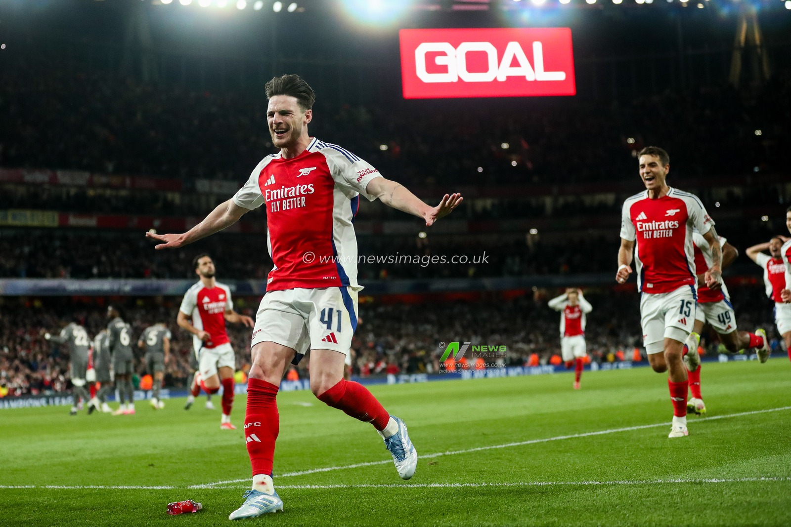 Declan Rice of Arsenal celebrates his goal to make it 2-0  during the UEFA Champions League Quarter-finals match Arsenal vs Real Madrid at Emirates Stadium, London, United Kingdom, 8th April 2025

(Photo by Izzy Poles/News Images)