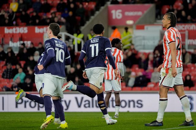 Femi Azeez of Millwall celebrates his goal to make it 0-2 during the Sky Bet Championship match Stoke City vs Millwall at Bet365 Stadium, Stoke On Trent, United Kingdom on 21 April 2026

(Photo by Maynard Manyowa/News Images)