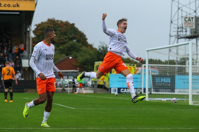Dom Ballard of Blackpool celebrates his goal to make it 1-4 during the Sky Bet League 1 match Cambridge United vs Blackpool at Abbey Stadium, Cambridge, United Kingdom, 24th August 2024

(Photo by Gareth Evans/News Images)