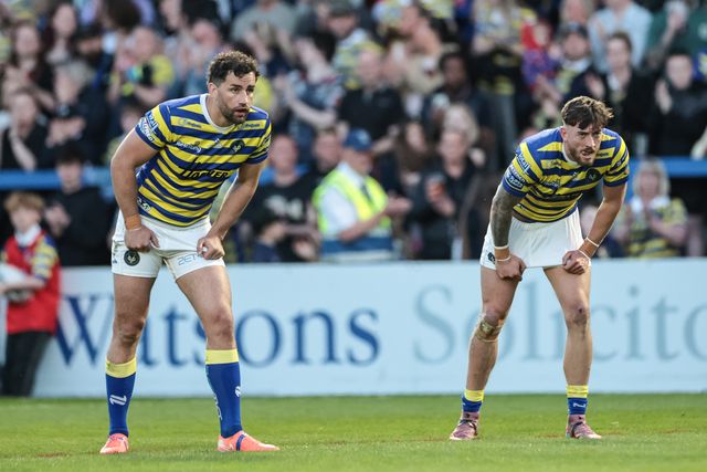 Toby King of Warrington Wolves and Matty Ashton of Warrington Wolves during the Betfred Super League round 9 match Warrington Wolves vs Wigan Warriors at The Halliwell Jones Stadium, Warrington, United Kingdom on 24 April 2026

(Photo by Mark Cosgrove/News Images)