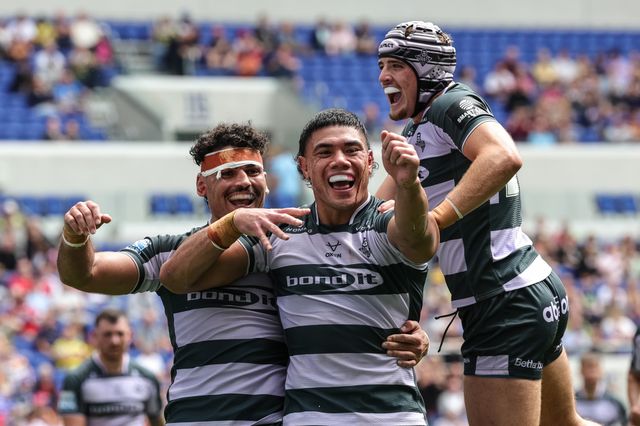 Chris Patolo of Huddersfield Giants celebrates his try during the Betfred Super League Magic Weekend match Huddersfield Giants vs York Knights at Hill Dickinson Stadium, Liverpool, United Kingdom on 04 July 2026

(Photo by Mark Cosgrove/News Images)
