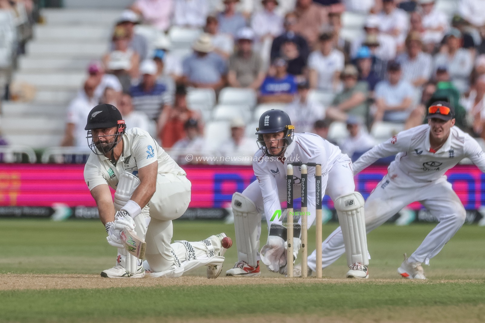 Daryl Mitchell of New Zealand scoops the ball for three runs during the 3rd Rothesay Test Match Day 3 match England vs New Zealand at Trent Bridge, Nottingham, United Kingdom on 27 June 2026

(Photo by Mark Cosgrove/News Images)