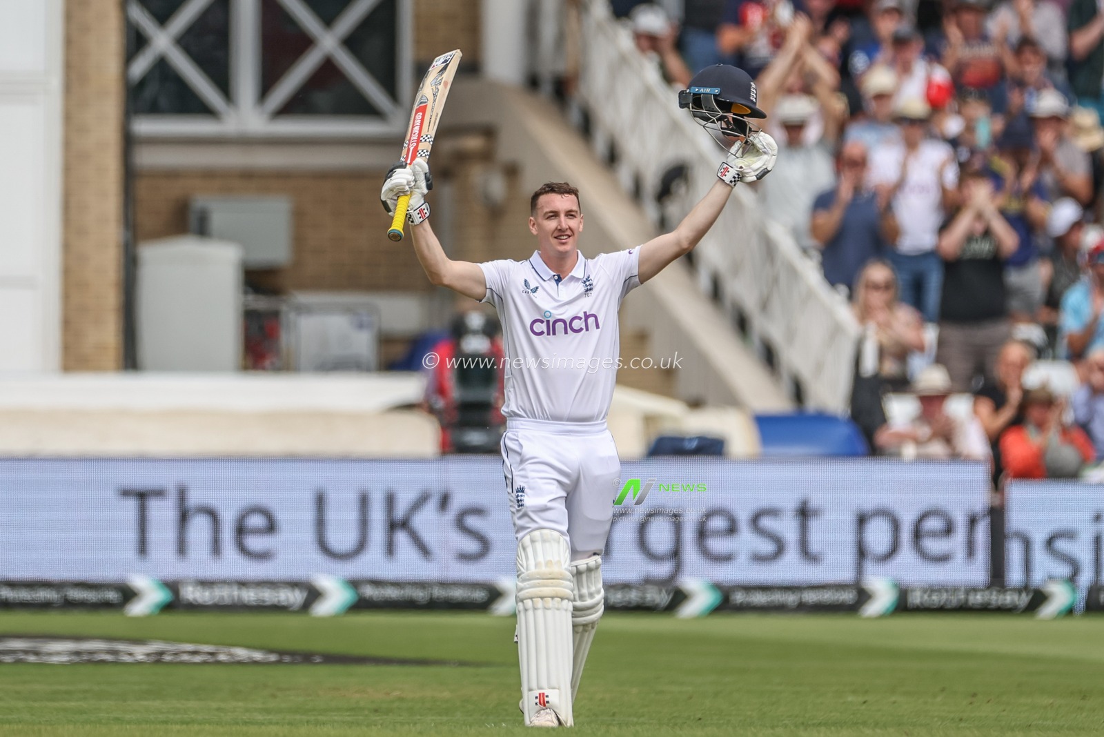 Harry Brook of England celebrates a century (100 runs) during the Rothesay Test Match day four match England vs West Indies at Trent Bridge, Nottingham, United Kingdom, 21st July 2024

(Photo by Mark Cosgrove/News Images)
