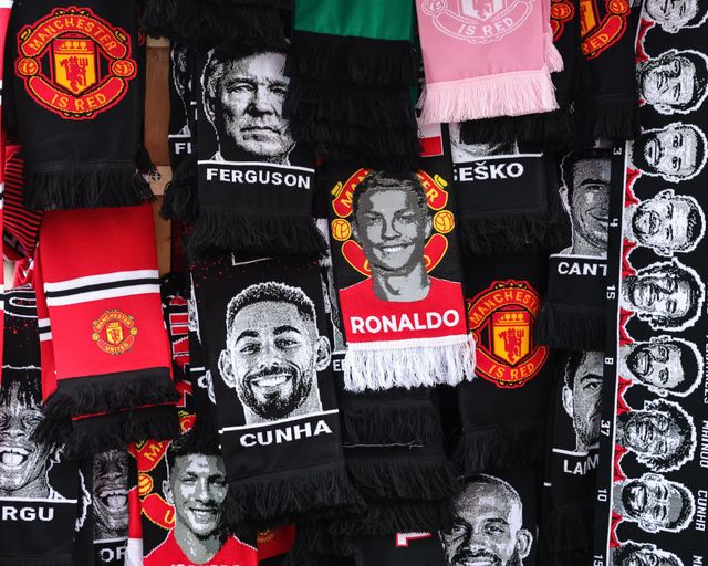 Manchester United scarfs on sale during the Premier League match Manchester United vs Leeds United at Old Trafford, Manchester, United Kingdom on 13 April 2026

(Photo by Mark Cosgrove/News Images)