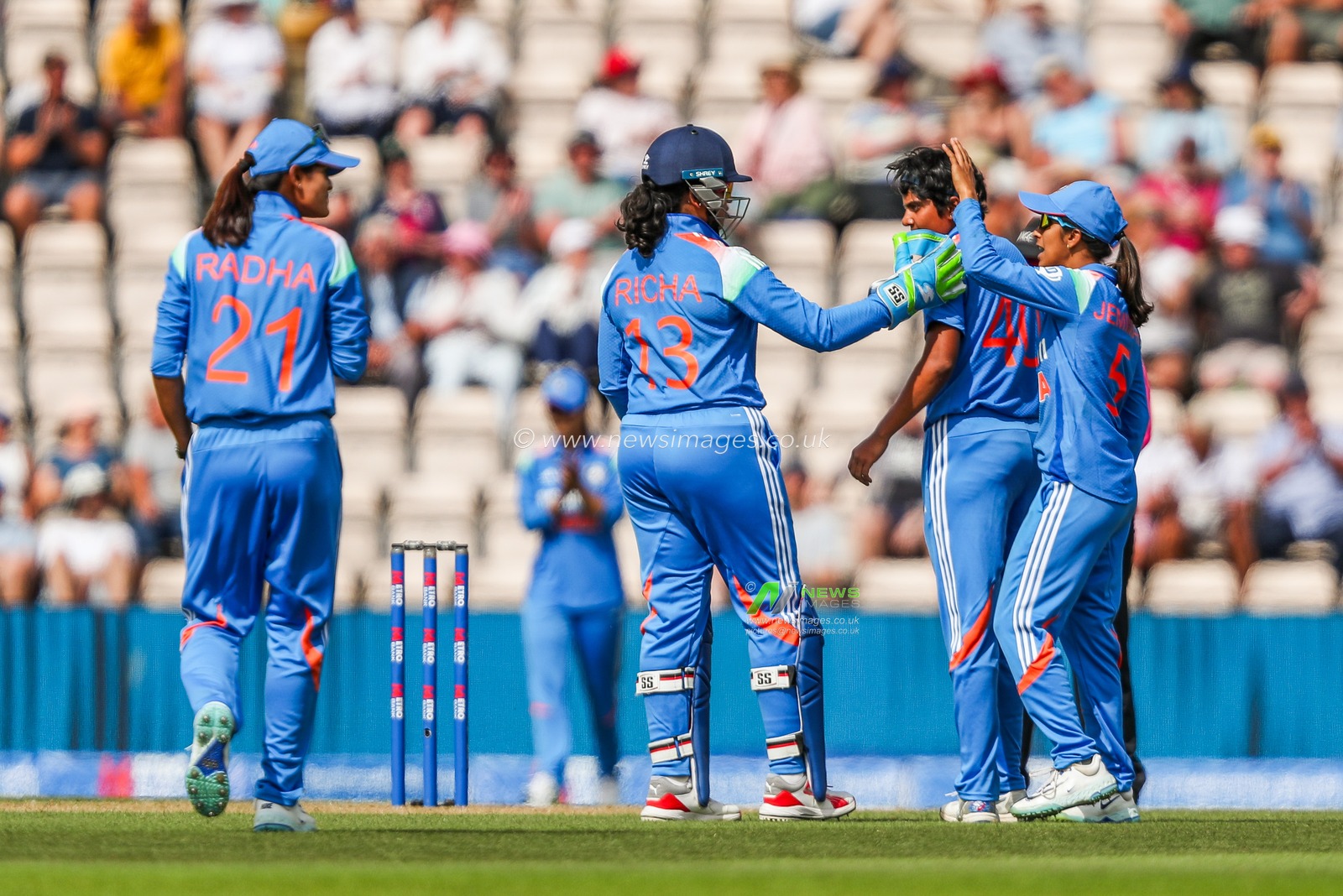 Sree Charani of India celebrates with teammates after the dismissal of Alice Davidson-Richards of England during the 1st Metro Bank One Day International match England Women vs India Women at The Utilita Bowl, Southampton, United Kingdom, 16th July 2025

(Photo by Izzy Poles/News Images)