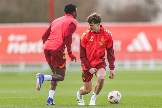 Ryan Yates of Nottingham Forest and Taiwo Awoniyi of Nottingham Forest during the Nottingham Forest open training session ahead of their UEFA Europa League last 16 match against FC Midtjylland at The Nigel Doughty Academy, Nottingham, United Kingdom on 11 March 2026

(Photo by Alfie Cosgrove/News Images)