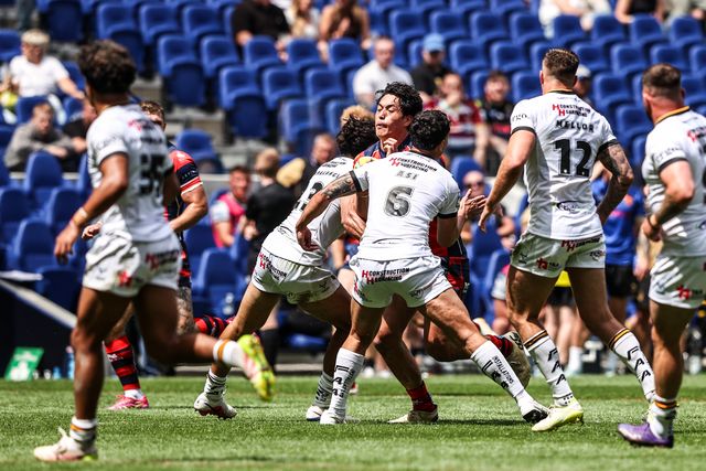 Isaiah Vagana of Wakefield Trinity is tackled by Krystian Mapapalangi of Castleford Tigers and Daejarn Asi of Castleford Tigers during the Betfred Super League Magic Weekend match Wakefield Trinity vs Castleford Tigers at Hill Dickinson Stadium, Liverpool, United Kingdom on 05 July 2026

(Photo by Alfie Cosgrove/News Images)