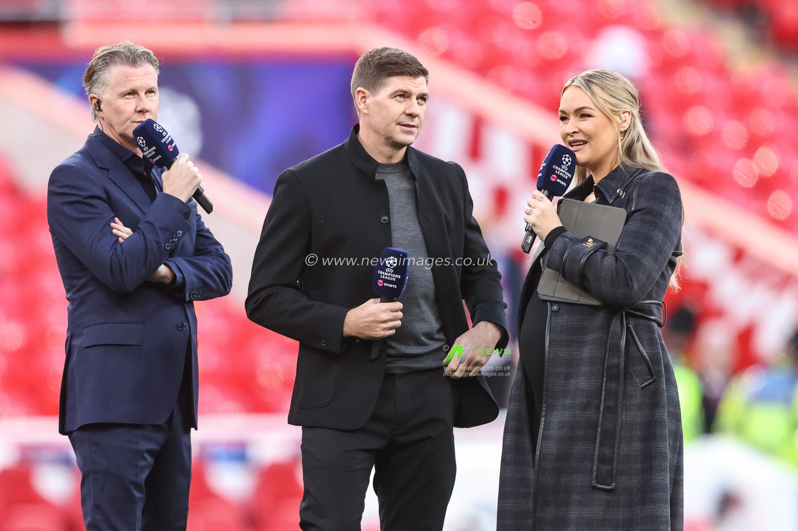 Steve McManaman (L) Steven Gerrard (C) and Laura Woods (R) during the UEFA Champions League Matchday 1 of 8 match Liverpool vs Atletico Madrid at Anfield, Liverpool, United Kingdom on 09 September 2026

(Photo by Alfie Cosgrove/News Images)