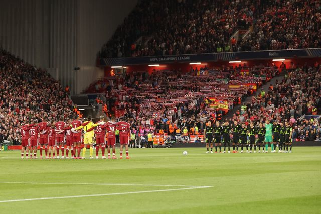 Players officials and fans hold minutes silence as they pay their respects to the victims of the tragedy in Nepal during the UEFA Champions League Matchday 1 of 8 match Liverpool vs Atletico Madrid at Anfield, Liverpool, United Kingdom on 09 September 2026

(Photo by Alfie Cosgrove/News Images)