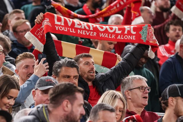 Liverpool fans hold their scarfs above their head as they sing "You'll Never Walk Alone" during the UEFA Champions League Matchday 1 of 8 match Liverpool vs Atletico Madrid at Anfield, Liverpool, United Kingdom on 09 September 2026

(Photo by Alfie Cosgrove/News Images)
