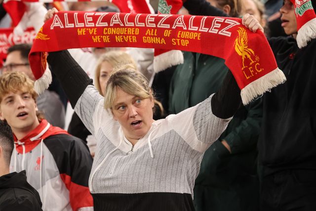Liverpool fans hold their scarfs above their head as they sing "You'll Never Walk Alone" during the UEFA Champions League Matchday 1 of 8 match Liverpool vs Atletico Madrid at Anfield, Liverpool, United Kingdom on 09 September 2026

(Photo by Alfie Cosgrove/News Images)