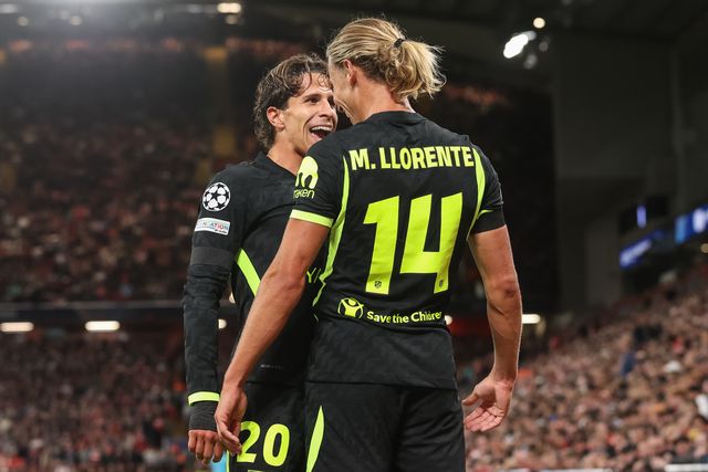 Marcos Llorente of Atlético Madrid celebrates his goal to make it 0-1 with Giuliano Simeone of Atlético Madrid during the UEFA Champions League Matchday 1 of 8 match Liverpool vs Atletico Madrid at Anfield, Liverpool, United Kingdom on 09 September 2026

(Photo by Alfie Cosgrove/News Images)