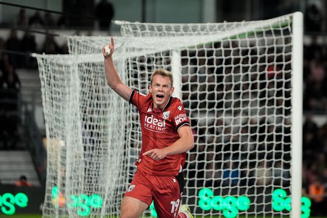 Aune Heggebø of West Bromwich Albion celebrates his goal to make it  0-1 during the Sky Bet Championship match Derby County vs West Bromwich Albion at Pride Park Stadium, Derby, United Kingdom on 09 September 2026

(Photo by Maynard Manyowa/News Images)