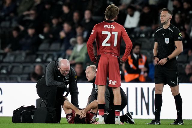 Nolan Galves of West Bromwich Albion goes down with a potential injury and receives treatment before being substituted off during the Sky Bet Championship match Derby County vs West Bromwich Albion at Pride Park Stadium, Derby, United Kingdom on 09 September 2026

(Photo by Maynard Manyowa/News Images)