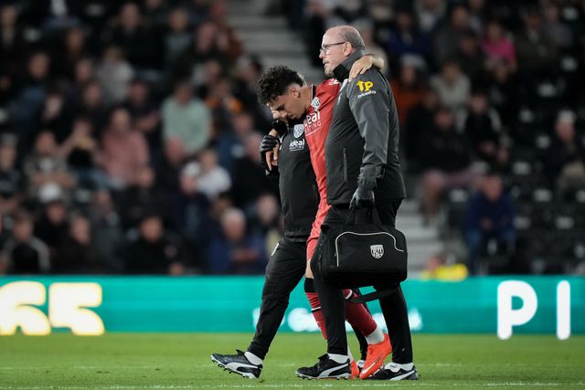 Nolan Galves of West Bromwich Albion goes down with a potential injury and receives treatment before being substituted off during the Sky Bet Championship match Derby County vs West Bromwich Albion at Pride Park Stadium, Derby, United Kingdom on 09 September 2026

(Photo by Maynard Manyowa/News Images)