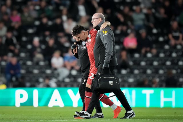 Nolan Galves of West Bromwich Albion goes down with a potential injury and receives treatment before being substituted off during the Sky Bet Championship match Derby County vs West Bromwich Albion at Pride Park Stadium, Derby, United Kingdom on 09 September 2026

(Photo by Maynard Manyowa/News Images)