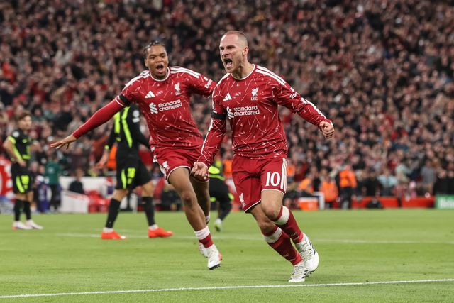 Alexis Mac Allister of Liverpool celebrates his goal to make it 2-1 during the UEFA Champions League Matchday 1 of 8 match Liverpool vs Atletico Madrid at Anfield, Liverpool, United Kingdom on 09 September 2026

(Photo by Alfie Cosgrove/News Images)