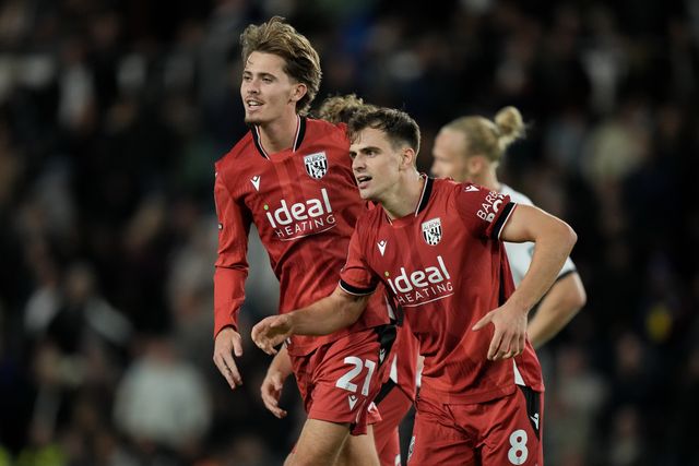 Jayson Molumby of West Bromwich Albion and Isaac Price of West Bromwich Albion celebrate their team win during the Sky Bet Championship match Derby County vs West Bromwich Albion at Pride Park Stadium, Derby, United Kingdom on 09 September 2026

(Photo by Maynard Manyowa/News Images)
