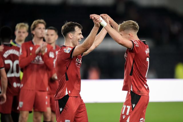 Jimmy Jay-Morgan of West Bromwich Albion and Jayson Molumby of West Bromwich Albion celebrate their team victory at the final whistle during the Sky Bet Championship match Derby County vs West Bromwich Albion at Pride Park Stadium, Derby, United Kingdom on 09 September 2026

(Photo by Maynard Manyowa/News Images)