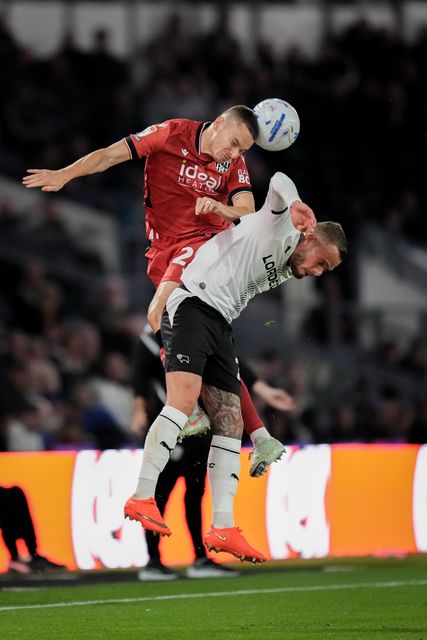 Isaac Price of West Bromwich Albion battles for the ball  in there air with Joe Ward of Derby County during the Sky Bet Championship match Derby County vs West Bromwich Albion at Pride Park Stadium, Derby, United Kingdom on 09 September 2026

(Photo by Maynard Manyowa/News Images)