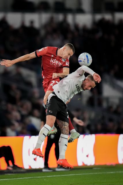 Isaac Price of West Bromwich Albion battles for the ball  in there air with Joe Ward of Derby County during the Sky Bet Championship match Derby County vs West Bromwich Albion at Pride Park Stadium, Derby, United Kingdom on 09 September 2026

(Photo by Maynard Manyowa/News Images)