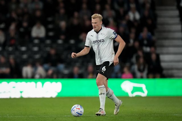 Sondre Langas of Derby County passes the ball  during the Sky Bet Championship match Derby County vs West Bromwich Albion at Pride Park Stadium, Derby, United Kingdom on 09 September 2026

(Photo by Maynard Manyowa/News Images)