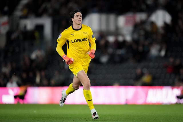 Derby County goalkeeper Jacob Widell Zetterstrom goes forward for a corner during the Sky Bet Championship match Derby County vs West Bromwich Albion at Pride Park Stadium, Derby, United Kingdom on 09 September 2026

(Photo by Maynard Manyowa/News Images)