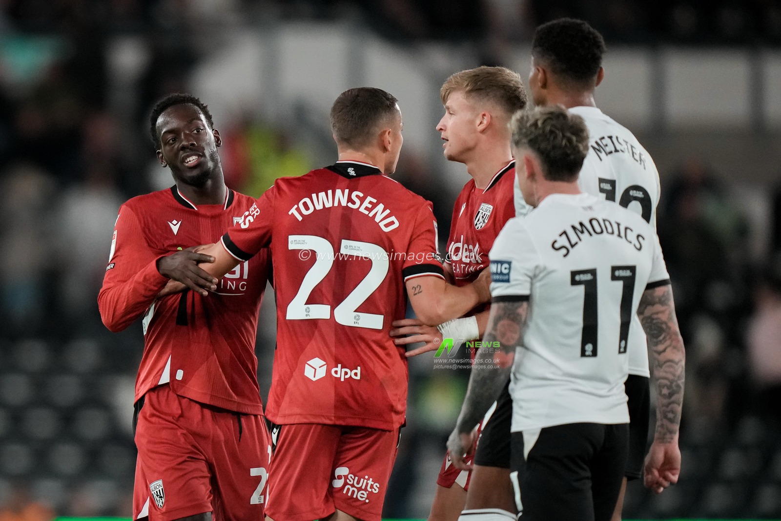 Rabby Nzingoula of West Bromwich Albion and Sammie Szmodics of Derby County involved in an altercation during the Sky Bet Championship match Derby County vs West Bromwich Albion at Pride Park Stadium, Derby, United Kingdom on 09 September 2026

(Photo by Maynard Manyowa/News Images)