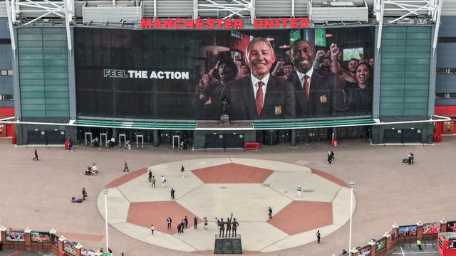 Former Manchester United players Bryan Robson and Andy Cole on the mural above the club store during the UEFA Champions League Matchday 1 of 8 match Manchester United vs Sabah FK at Old Trafford, Manchester, United Kingdom on 10 September 2026

(Photo by Mark Cosgrove/News Images)