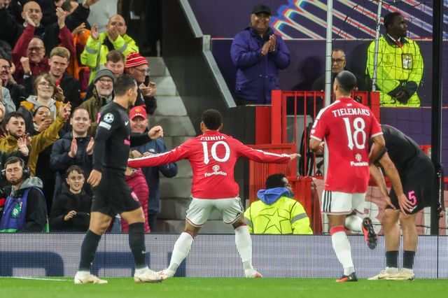 Matheus Cunha of Manchester United celebrates his goal to make it 1-0 during the UEFA Champions League Matchday 1 of 8 match Manchester United vs Sabah FK at Old Trafford, Manchester, United Kingdom on 10 September 2026

(Photo by Mark Cosgrove/News Images)