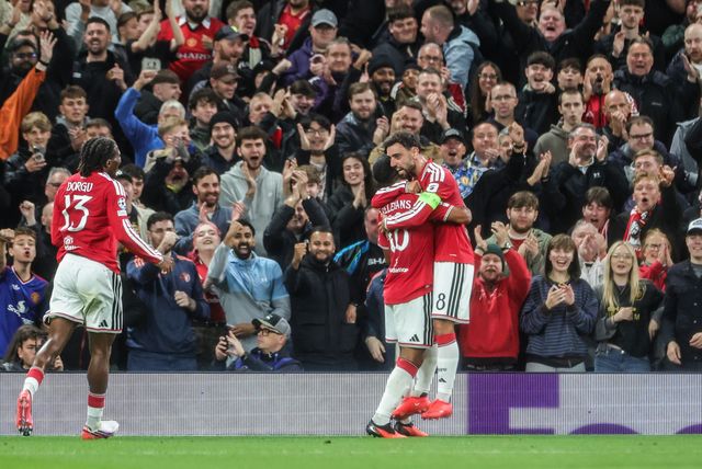 Bruno Fernandes of Manchester United celebrates his goal to make it 2-0 during the UEFA Champions League Matchday 1 of 8 match Manchester United vs Sabah FK at Old Trafford, Manchester, United Kingdom on 10 September 2026

(Photo by Mark Cosgrove/News Images)