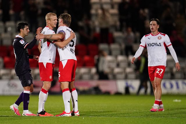 Stevenage players celebrate 2-1 win over luton town during the Sky Bet League One match Stevenage vs Luton Town at Lamex Stadium, Stevenage, United Kingdom on 10 September 2026

(Photo by Harvey Murphy/News Images)