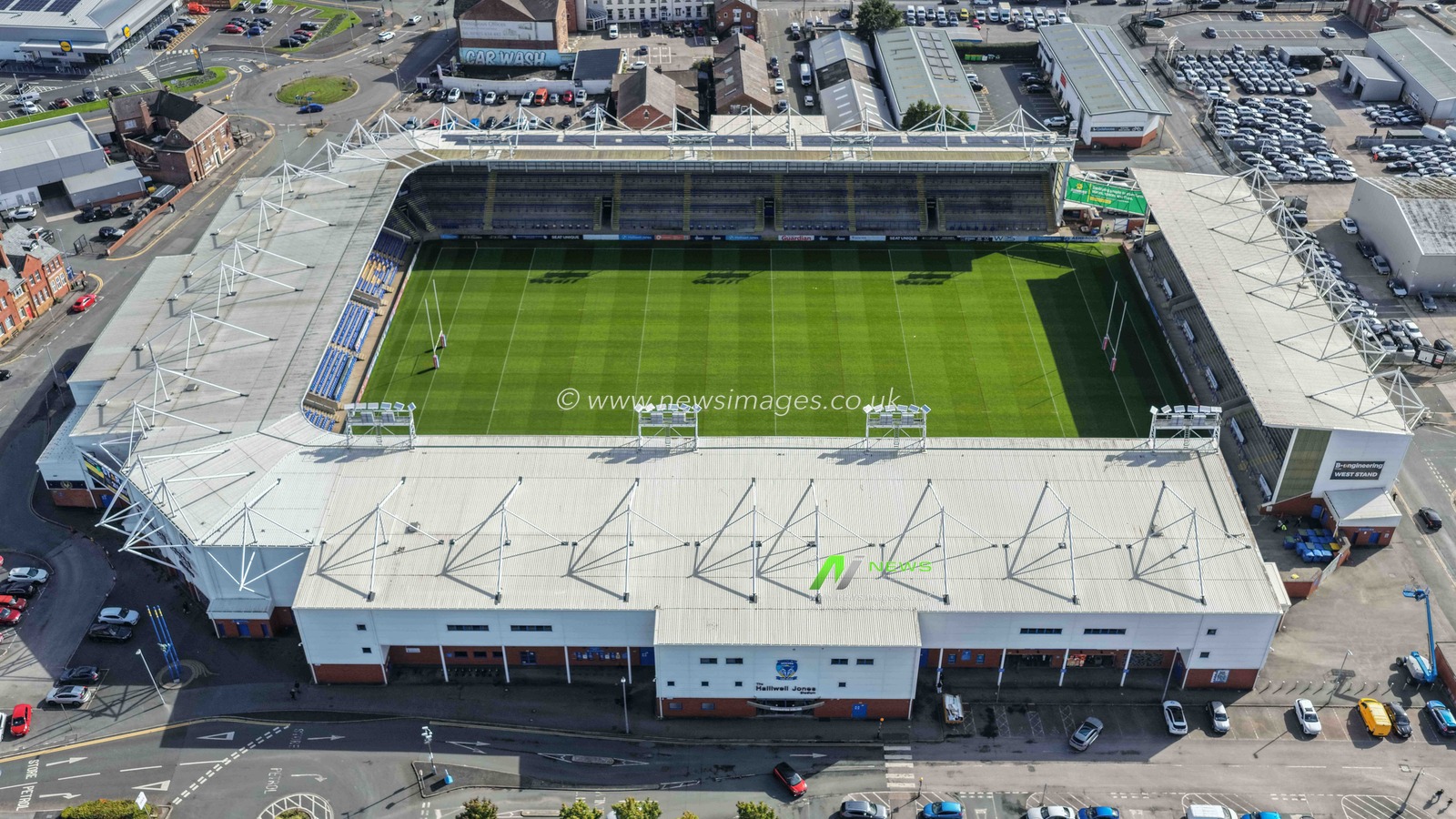 An aerial view of The Halliwell Jones Stadium during the Betfred Super League round 27 match Warrington Wolves vs Toulouse Olympique at The Halliwell Jones Stadium, Warrington, United Kingdom on 11 September 2026

(Photo by Mark Cosgrove/News Images)