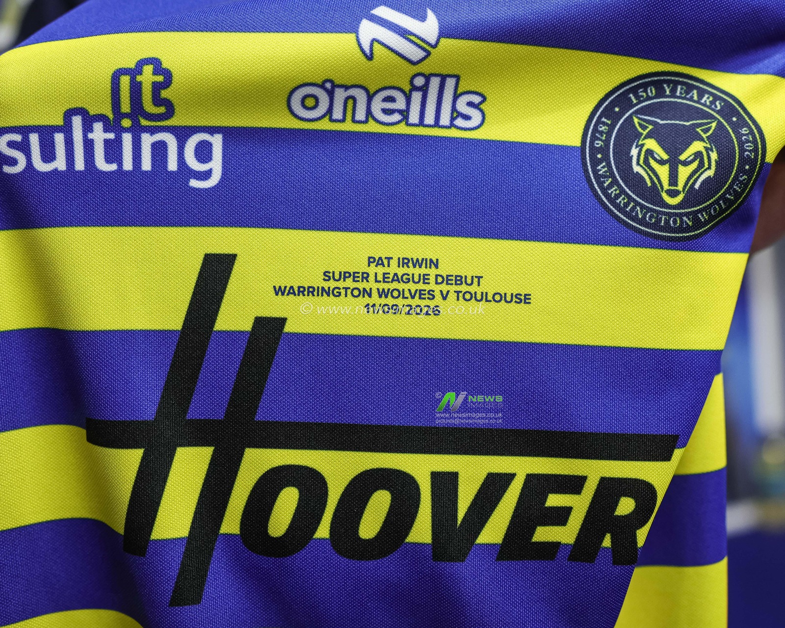 The embroiled shirt of Patrick Irwin of Warrington Wolves who makes his Super League debut during the Betfred Super League round 27 match Warrington Wolves vs Toulouse Olympique at The Halliwell Jones Stadium, Warrington, United Kingdom on 11 September 2026

(Photo by Mark Cosgrove/News Images)