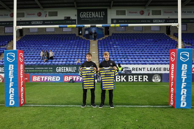 Patrick Irwin and Daniel Coop of Warrington Wolves are presented their debut shirts during the Betfred Super League round 27 match Warrington Wolves vs Toulouse Olympique at The Halliwell Jones Stadium, Warrington, United Kingdom on 11 September 2026

(Photo by Mark Cosgrove/News Images)