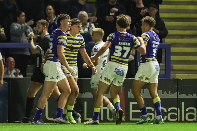 Lachlan Webster of Warrington Wolves celebrates his try during the Betfred Super League round 27 match Warrington Wolves vs Toulouse Olympique at The Halliwell Jones Stadium, Warrington, United Kingdom on 11 September 2026

(Photo by Mark Cosgrove/News Images)