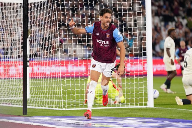 Konstantinos Mavropanos of West Ham United celebrates his goal to make it 3-0 during the Sky Bet Championship match West Ham United vs Wrexham at London Stadium, London, United Kingdom on 11 September 2026

(Photo by Harvey Murphy/News Images)