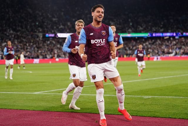 Konstantinos Mavropanos of West Ham United celebrates 3-0 lead during the Sky Bet Championship match West Ham United vs Wrexham at London Stadium, London, United Kingdom on 11 September 2026

(Photo by Harvey Murphy/News Images)