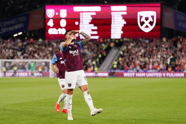 Valentin Castellanos of West Ham United celebrates 4-0 lead during the Sky Bet Championship match West Ham United vs Wrexham at London Stadium, London, United Kingdom on 11 September 2026

(Photo by Harvey Murphy/News Images)