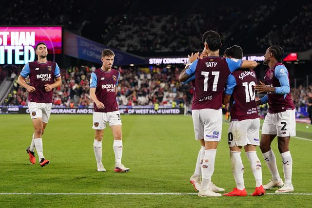 West Ham players celebrate 6-0 lead during the Sky Bet Championship match West Ham United vs Wrexham at London Stadium, London, United Kingdom on 11 September 2026

(Photo by Harvey Murphy/News Images)