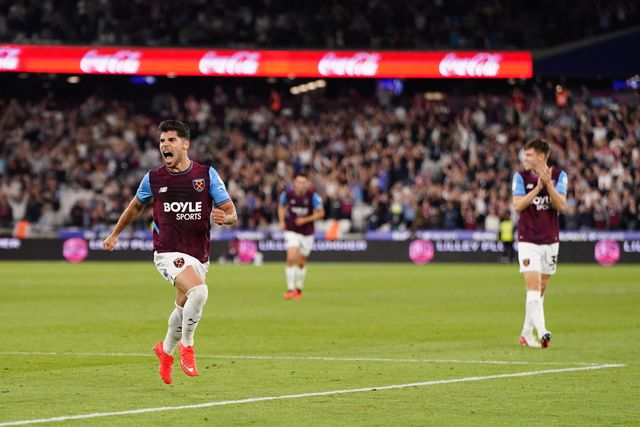 Manor Solomon of West Ham United Celebrates his goal during the Sky Bet Championship match West Ham United vs Wrexham at London Stadium, London, United Kingdom on 11 September 2026

(Photo by Harvey Murphy/News Images)