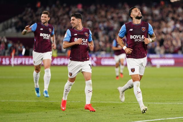 Manor Solomon of West Ham United celebrates his goal during the Sky Bet Championship match West Ham United vs Wrexham at London Stadium, London, United Kingdom on 11 September 2026

(Photo by Harvey Murphy/News Images)