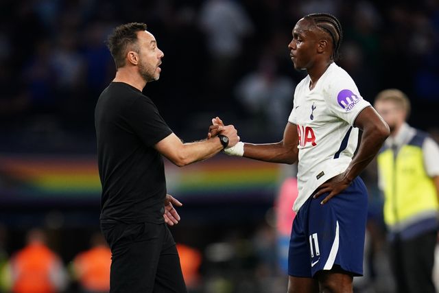 Roberto De Zerbi manager of Tottenham Hotspur and Mathys Tel of Tottenham Hotspur at full time during the Premier League match Tottenham Hotspur vs Everton at Tottenham Hotspur Stadium, London, United Kingdom on 12 September 2026

(Photo by Harvey Murphy/News Images)